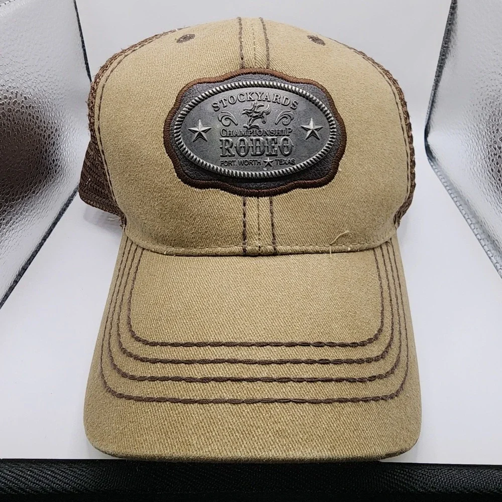 Stockyards Championship Rodeo‎ Trucker Hat Tan Brown Mesh Snapback Western Cap